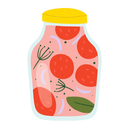 Homemade jar for preserving fruits and vegetables.Glass jars with canned vegetables, compotes and berry jams. Winter supplies. autumn harvest season.のイラスト素材