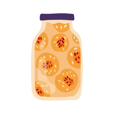 Homemade jar for preserving fruits and vegetables.Glass jars with canned vegetables, compotes and berry jams. Winter supplies. autumn harvest season.のイラスト素材