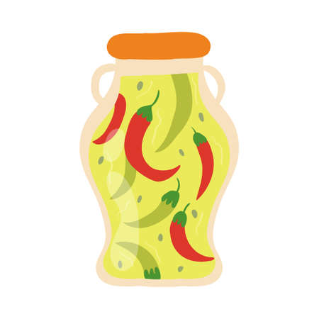 Homemade jar for preserving fruits and vegetables.Glass jars with canned vegetables, compotes and berry jams. Winter supplies. autumn harvest season.のイラスト素材