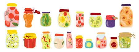 Homemade jars for preserving fruits and vegetables.A set of glass jars with canned vegetables, compotes and berry jams. Winter supplies. autumn harvest season.のイラスト素材