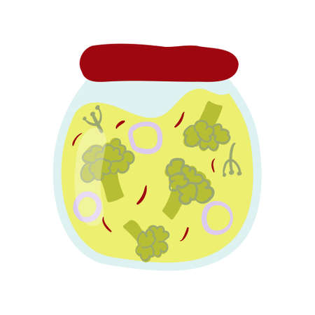 Homemade jar for preserving fruits and vegetables.Glass jars with canned vegetables, compotes and berry jams. Winter supplies. autumn harvest season.のイラスト素材