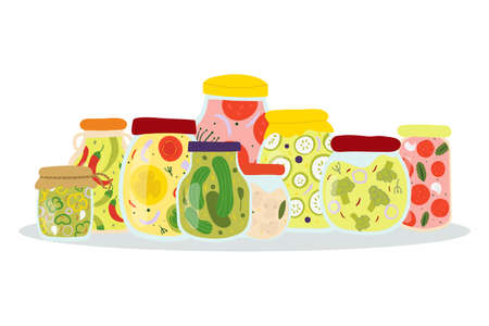 Homemade jar for canning vegetables. Glass jars with pickled vegetables. Winter deliveries. autumn harvest season.のイラスト素材