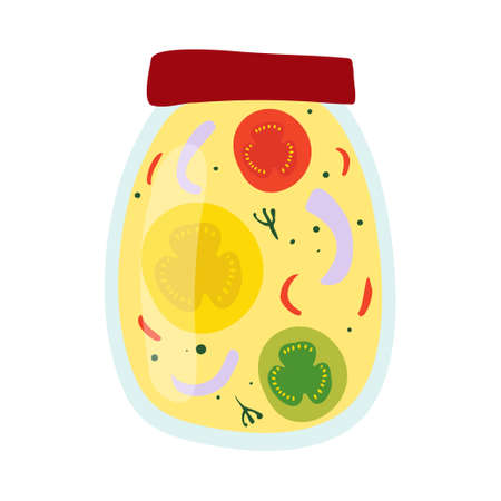 Homemade jar for preserving fruits and vegetables.Glass jars with canned vegetables, compotes and berry jams. Winter supplies. autumn harvest season.のイラスト素材