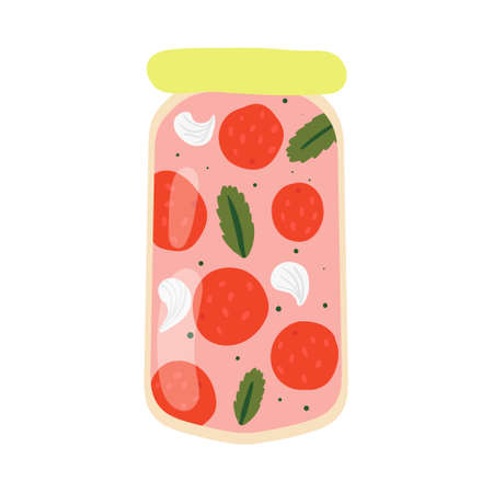 Homemade jar for preserving fruits and vegetables.Glass jars with canned vegetables, compotes and berry jams. Winter supplies. autumn harvest season.のイラスト素材