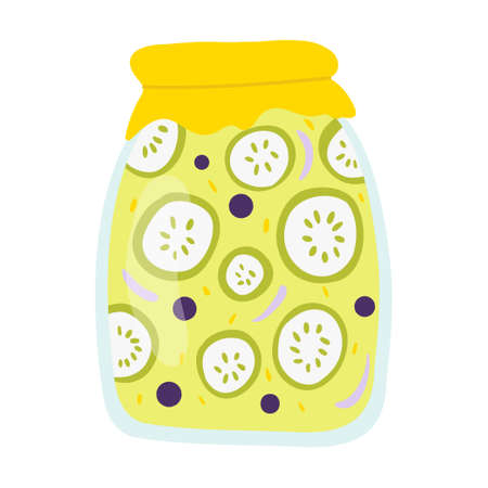 Homemade jar for preserving fruits and vegetables.Glass jars with canned vegetables, compotes and berry jams. Winter supplies. autumn harvest season.のイラスト素材