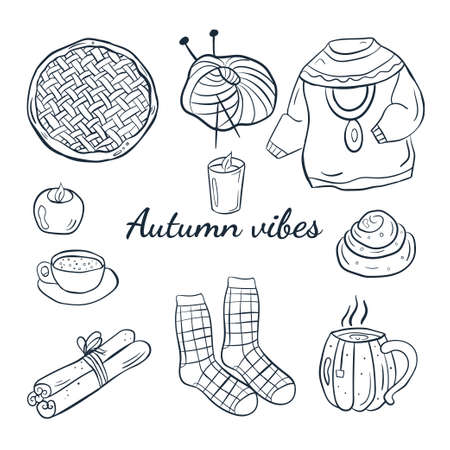 Cute autumn set of doodles cozy autumn with candles, pie, sinabon, cinnamon, sweater, socks.のイラスト素材
