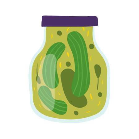 Homemade jar for preserving fruits and vegetables.Glass jars with canned vegetables, compotes and berry jams. Winter supplies. autumn harvest season.のイラスト素材