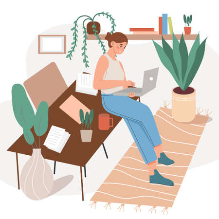 Happy woman is working online, leaning against a table with a laptop.のイラスト素材
