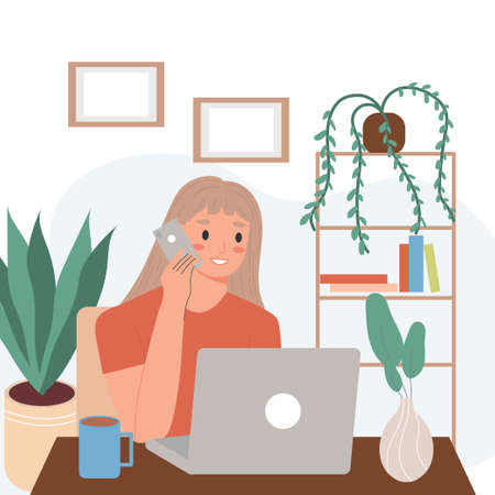 A happy woman is working online, sitting at her laptop talking on the phone. Workplace of a female freelancer working remotely from a home office.のイラスト素材