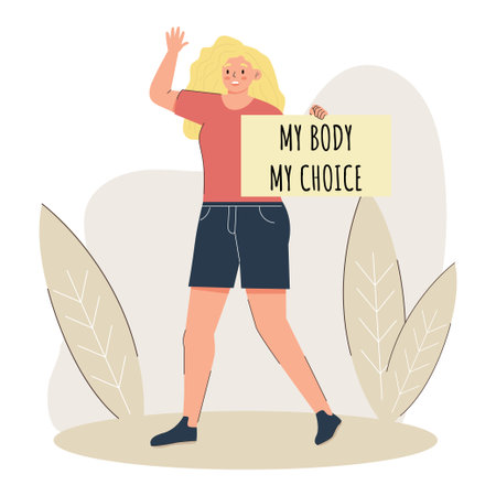 Activist of the women's protest for the choice of a woman holds a poster "My body is my choice."A girl with a poster in support of abortion rights at a protest demonstrationのイラスト素材
