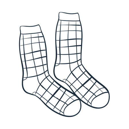 Checkered socks line art. Vector illustration with doodles on the theme of cozy autumn.A cute element for greeting cards, posters, stickers and seasonal design. isolated on a white background.のイラスト素材