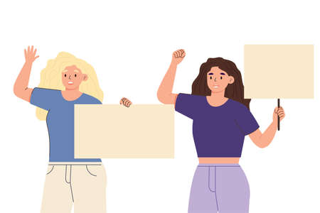 Activists protest with poster. Young women with their hands raised to participate in a protest....