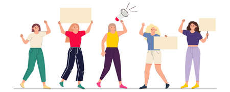 Activists protest with a megaphone and a poster. Young women with their hands raised to participate in a protest. Vector illustration of a cartoon character in a flat style.のイラスト素材