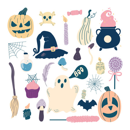 Set of Halloween elements: a witch hat, a cauldron with potions, sweets, candles and funny pumpkins. Perfect for scrapbooking, greeting card, party invitation, poster, tag, sticker.のイラスト素材