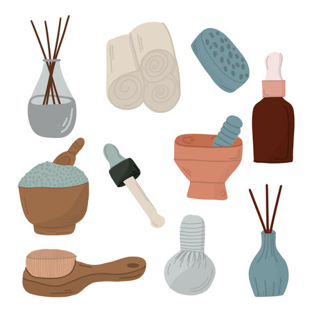 Glass bottles with organic cosmetics, gouache, aroma oils.Set of vector illustrations for a spa salon.のイラスト素材