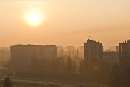 orange sunrise in Krakow with fogの写真素材