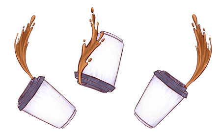 Spilling coffee collection from a takeaway cup in motion. Set of beverage splash illustration in action. Minimal hand-drawn design for branding, ads, or menu visualsの写真素材