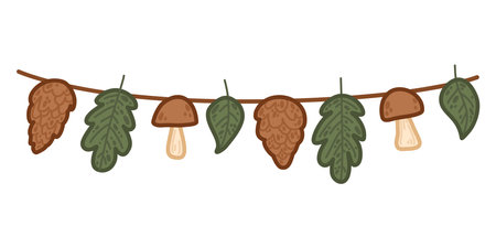Festive garland with natural elements like leaves, mushrooms, and pinecones. Vector illustration in simple cartoon style perfect for storytelling visuals, rustic illustrations, or outdoor decorのイラスト素材