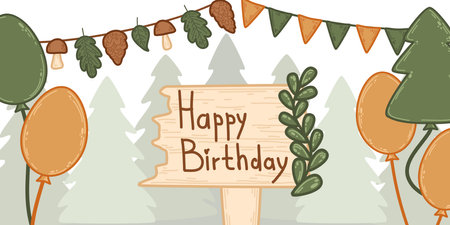 Cute forest birthday design with tree silhouettes and rustic decor. Features wood-style Happy Birthday sign, leaves, mushrooms, and bunting. For eco-friendly celebrations and kids birthdayのイラスト素材