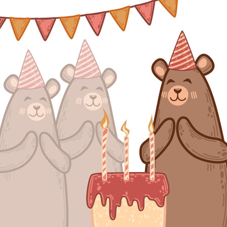Bear family celebrating with a cake topped with dripping frosting. Hand-drawn party hats, candles, and cheerful bunting add charm. Ideal for children birthday invitations or forest-themed party decorのイラスト素材