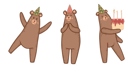 Set of cheerful bears in party hats celebrating a birthday. Includes a bear holding a cake with candles and others expressing joy. Whimsical design for children party invitations and greeting cardsのイラスト素材