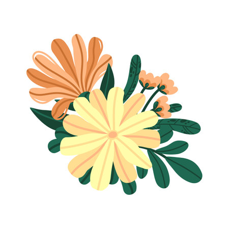 Floral clipart with orange and yellow daisy blossoms and foliage. Decorative vector hand-drawn flower bundle. For spring-themed patterns, nature prints, invitations, posters, and botanical packagingのイラスト素材