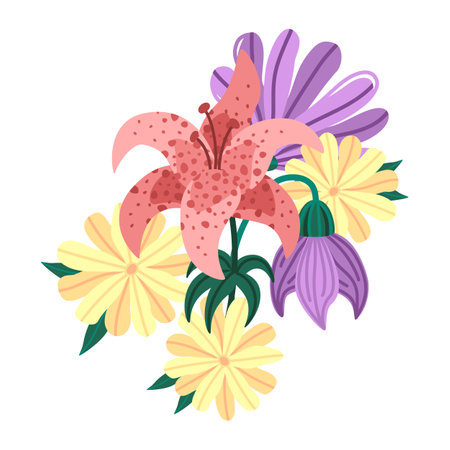 Red lily with purple and yellow wildflowers blooms. Vector bouquet of stylized flowers and green leaves. Botanical composition ideal for spring floral branding and wedding invitations designのイラスト素材