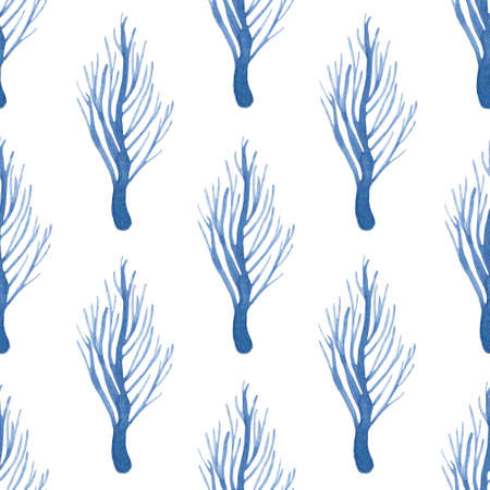 Watercolor seamless hand drawn pattern with winter blue silhouette trees on white backgroundの写真素材