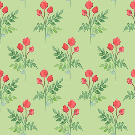 Watercolor seamless hand drawn botanical pattern with abstract red berries and green leavesの写真素材