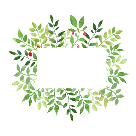 Watercolor hand drawn rectangular frame with green leaves and wigs and red berries on the white background. Perfect for invitations and cards.の写真素材
