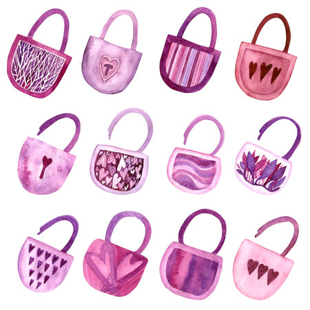 Set of watercolor hand drawn isolated elements on white background. Saint Valentine's day collection of purpur and pink locks or bags with floral motives, geometric designs and heart shapes.の写真素材