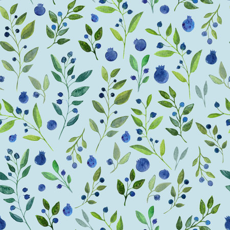 Watercolor seamless hand drawn botanical pattern with abstract blue berries and green leavesの写真素材
