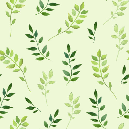 Watercolor seamless hand drawn floral pattern with green leavesの写真素材