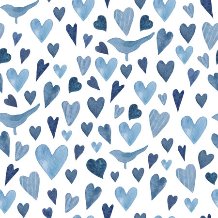 Watercolor seamless hand drawn pattern with blue silhouettes of birdies and navy heartsの写真素材