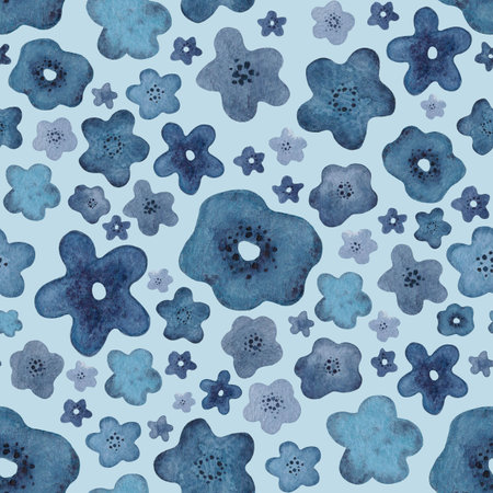 Watercolor seamless hand drawn pattern with dark and light blue fantasy flowersの写真素材