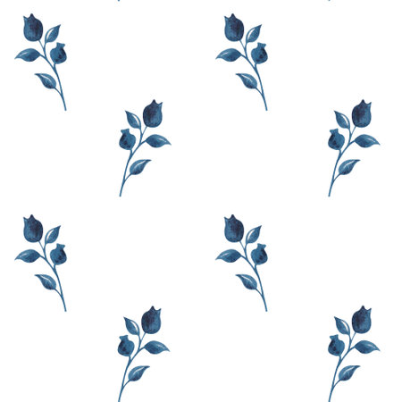 Watercolor seamless hand drawn botanical pattern with branch of fantasy plant with blue leaves and flowersの写真素材