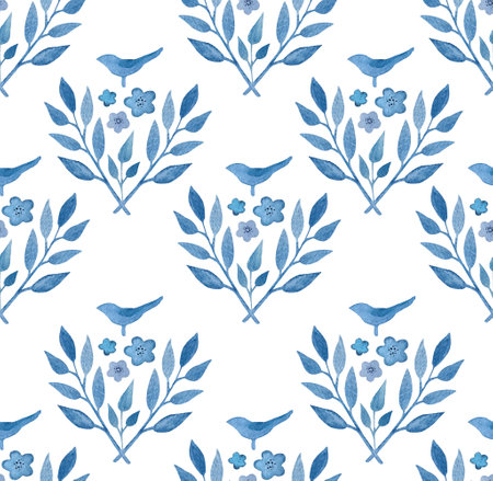 Watercolor seamless hand drawn botanical pattern with blue leaves of fantasy plants and flowers and silhouettes of birdの写真素材