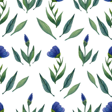 Watercolor seamless hand drawn floral pattern with blue flowers and buds on white backgroundの写真素材
