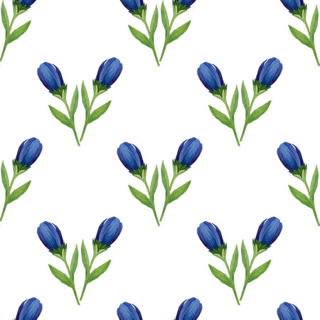 Watercolor seamless hand drawn floral pattern with blue flowers and buds on white backgroundの写真素材