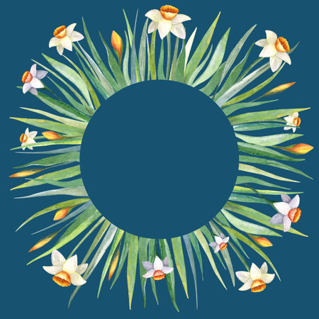 Watercolor circle frame with green grass and yellow flowers. Jonquil, duffodil and narcissus. The wreath is perfect for invitations, cards and other projectsの写真素材