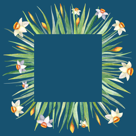 Watercolor rectangle frame with green grass and yellow and white flowers. Jonquil, daffodil and narcissus. The wreath is perfect for invitations, cards and other projectsの写真素材