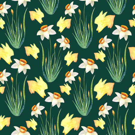 Watercolor seamless hand drawn pattern with white daffodils and colored silhouette of hares, bunnies and rabbitsの写真素材