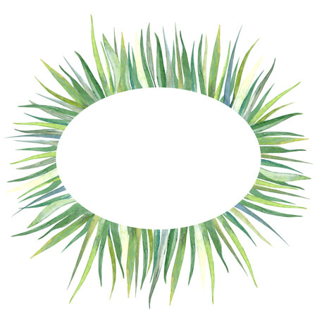 Watercolor oval frame with summer green grass. The wreath is perfect for invitations, cards and other projectsの写真素材