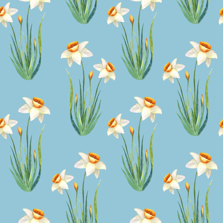 Watercolor seamless hand drawn botanical pattern with white daffodilsの写真素材