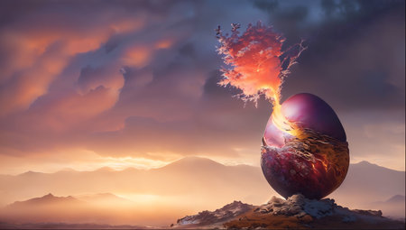 Mysterious easter egg in surreal landscape. Abstract photorealistic 3D rendering.の素材
