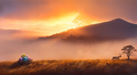Easter eggs on the meadow in the mountains at sunset.の素材