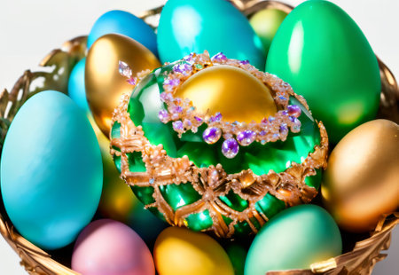 Colorful easter eggs in basket with an emerald easter egg encrusted with jewels on white background. Close up.の素材