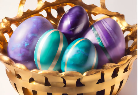 Colorful easter eggs in a golden basket on a white backgroundの素材