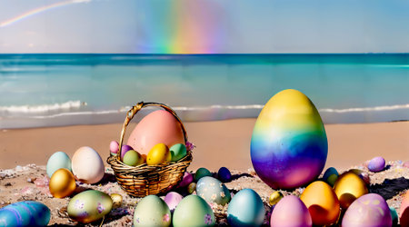 Colorful easter eggs in a basket on the beach with rainbowの素材