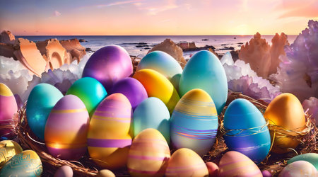 Colorful easter eggs in the nest on the seashoreの素材